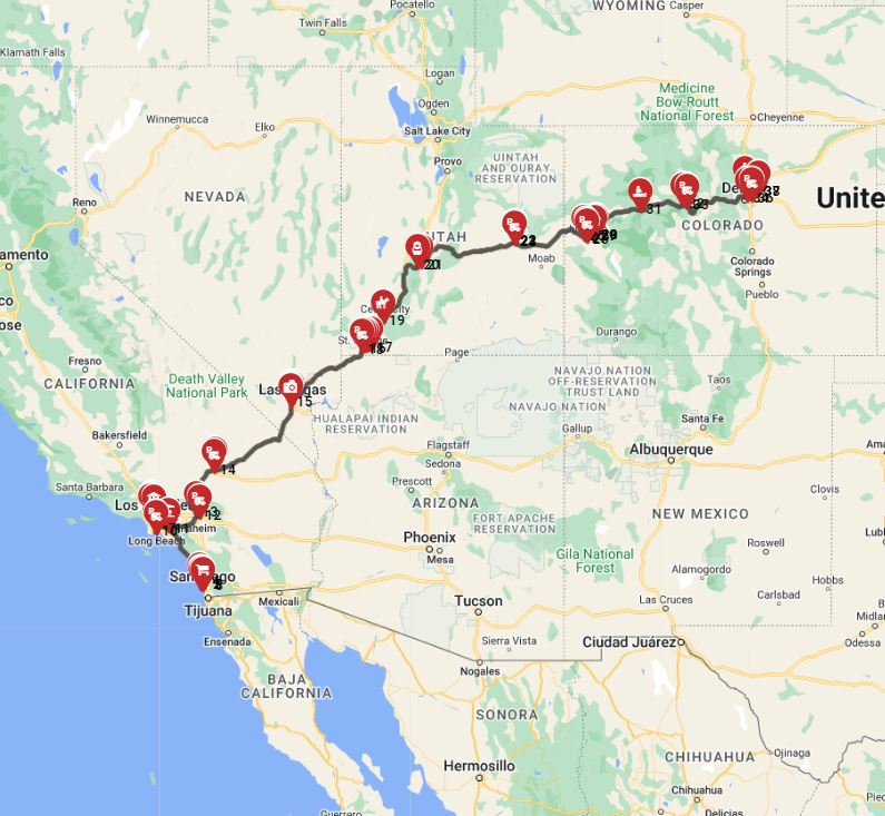 San Diego to Denver - route plenner for RV Journey of Discovery